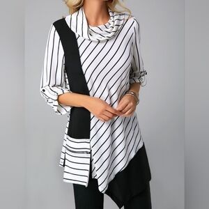 Ali Miles Top Women's Size XL Stripe Crinkle Material Asymetrical Hem Lagenlook